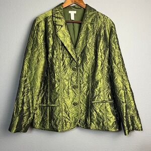Chicos Womens Metallic Shiny Green Crinkled Textured 3 Button Boho Blazer Career